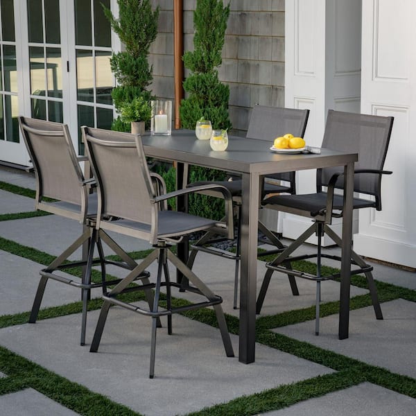 Hanover Naples 5-Piece Aluminum Outdoor Dining Set with 4 Swivel Bar Chairs and a Glass-Top Bar Table in Gray