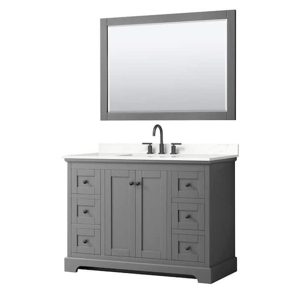 Wyndham Collection Avery 48 in. W x 22 in. D x 35 in. H Single Bath Vanity in Dark Gray with Giotto Quartz Top and 46 in. Mirror