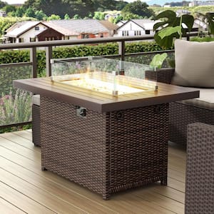 Lutten Brown Rectangle 55,000 BTU Wicker Outdoor Fire Pit Table With Tempered Glass Windshield