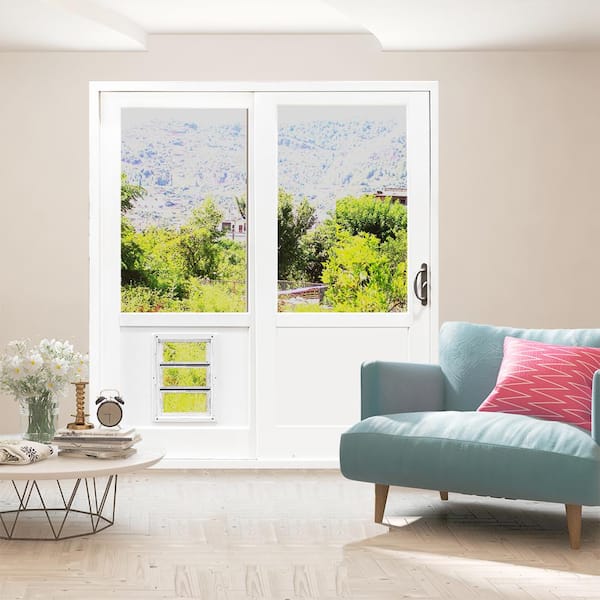 72 in. x 80 in. White Right-Hand Sliding Composite Shaker LoE 2/3 Lite Patio Door with Nickel Handleset and Pet Door