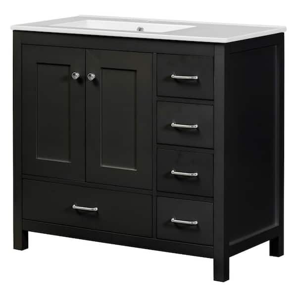 36 in. Black Wood Rectangle Vessel Sink Bathroom Vanity Combo with Single Sink, 2 Soft close doors and 5 drawers