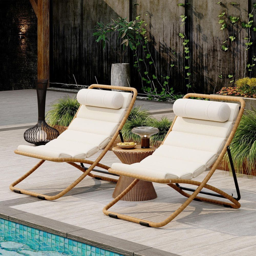 Pireva Patio Yellow Metal and Rattan Woven Folding Outdoor Lounge Chairs w/ Beige Cushions and Adjustable Back, Set of 2 price history on PriceWatchPro