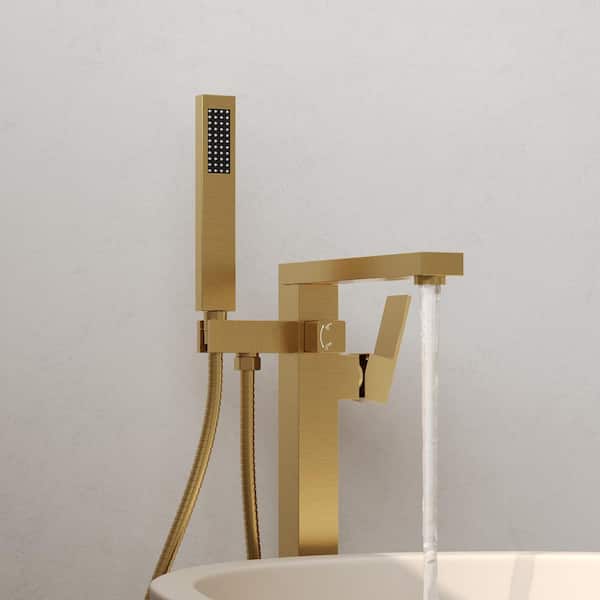 Floor Mount 2-Handle Freestanding Tub Faucet Claw Foot Tub Faucet Bathtub Filler with Hand Shower in Brushed Gold