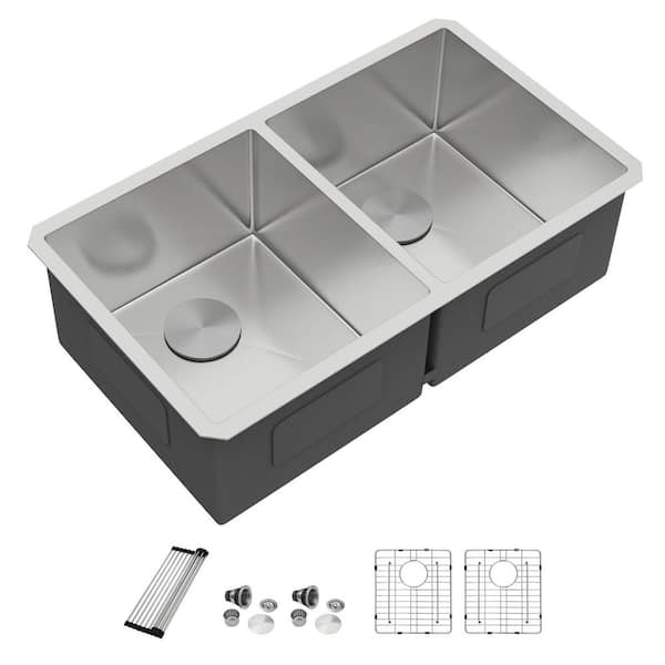 36 In. 50/50 Split Round Corners Large Double Bowl Undermount 16-Gauge 304 Stainless Steel Kitchen Sink Workstation