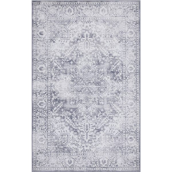 Eleanor Vintage Medallion Border Machine-Washable Light Gray/Ivory 9 ft. x 12 ft. Area Rug