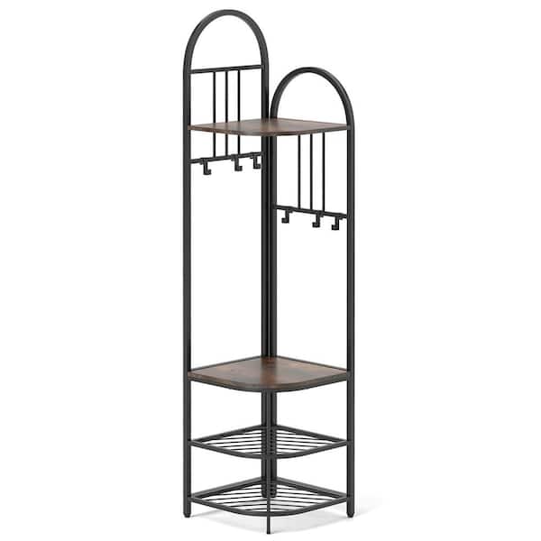 4-Tier Coat Rack Corner Hall Tree with Shoe Storage Bench 6 Removable Hooks Bedroom Brown