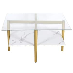 32 in. Gold Square Glass Coffee Table with Shelves;Storage