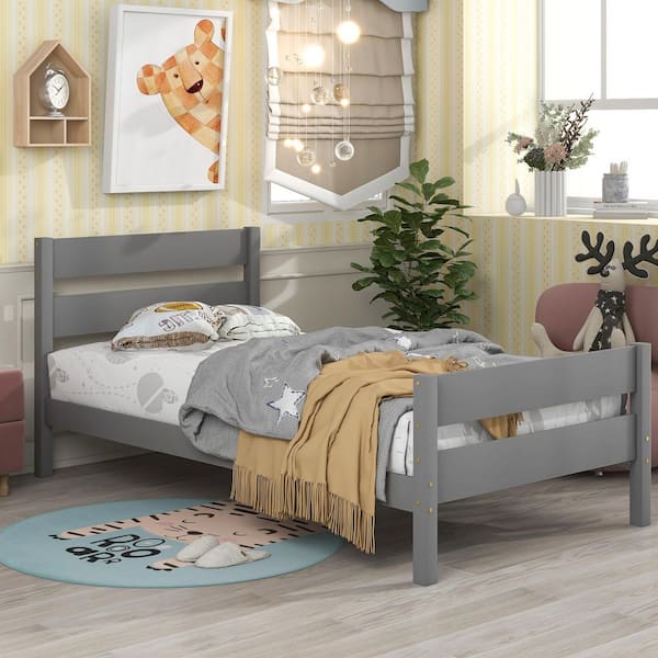 Gray Solid Pine Wood Frame Twin Platform Bed with Headboard and Footboard for Small Spaces, Apartments