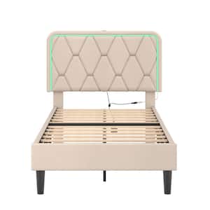 Upholstered Bed Twin Smart LED Bed Frame with Adjustable Beige Headboard, Platform Bed with Solid Wood Slats Support