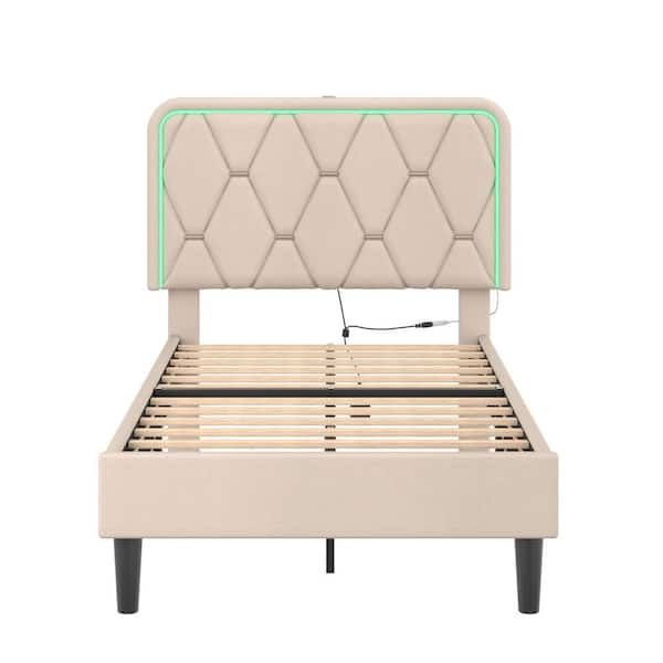 VECELO Upholstered Bed Twin Smart LED Bed Frame with Adjustable Beige Headboard, Platform Bed with Solid Wood Slats Support