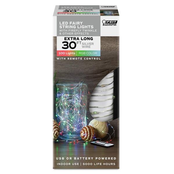 Feit Electric 30 Ft 100 Light Multi Color Silver Wire Usb Or Battery Operated Fairy String With Remote 24 Pack Fy30 Usbrgbslv24 The Home Depot Battery Operated Fairy String Light, Feit Electric 30 Ft Colour Changing Led Outdoor String Lights