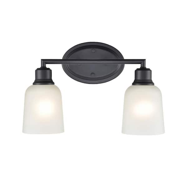 Amberle 15.25 in. 2-Light Matte Black Vanity Light with Frosted White Glass Shade