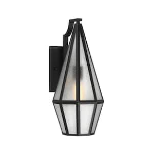 Peninsula 18 in. Matte Black Outdoor Hardwired Wall Lantern Sconce with Art Glass Shade and No Bulbs Included