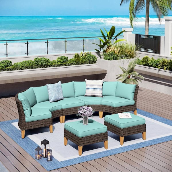 PHI VILLA Brown Rattan Wicker 7 Seat 7-Piece Steel Outdoor Patio Conversation Set with Blue Cushions