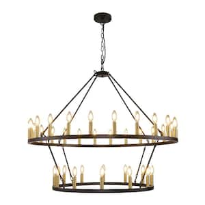 47 in. 36-Light Black and Gold 2-Tier Large Farmhouse Wagon Wheel Loft Retro Round Chandelier for Living Room Foyer Bar