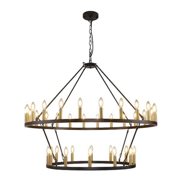 Magic Home 47 in. 36-Light Black and Gold 2-Tier Large Farmhouse Wagon Wheel Loft Retro Round Chandelier for Living Room Foyer Bar