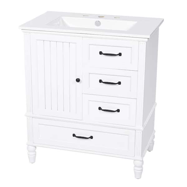 Logmey 30 in. W x 18 in. D x 36 in. H Freestanding Bath Vanity in White with White Ceramic Top, Doors and Drawers