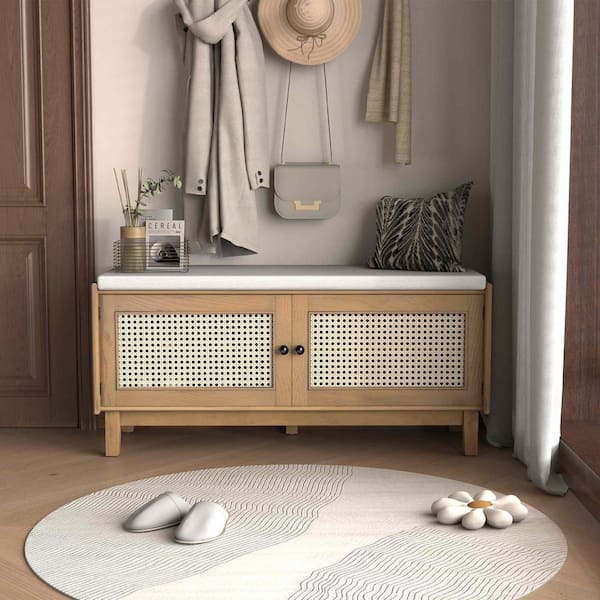 43.00 in. Brown/Beige Entryway Bench with Storage and Double Doors