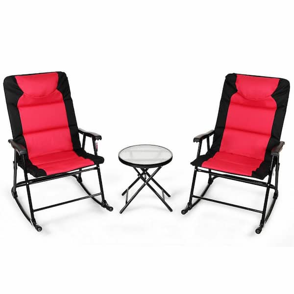 Costway Folding 3-Piece Steel Outdoor Bistro Rocking Chair Set with Red and Grey Cushions