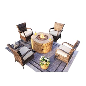 Rachel 5-Piece Wicker Patio Conversation Set with Fire Pit and Beige Cushions