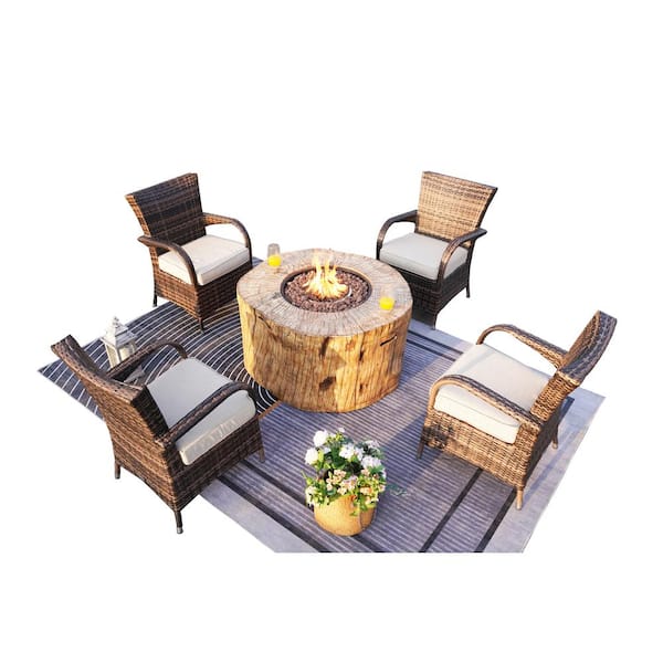 moda furnishings Rachel 5-Piece Wicker Patio Conversation Set with Fire Pit and Beige Cushions