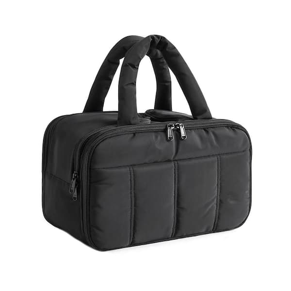 Black Puffy Large Travel Toiletry Bag with Handle, Lightweight Cosmetic Makeup Organizer