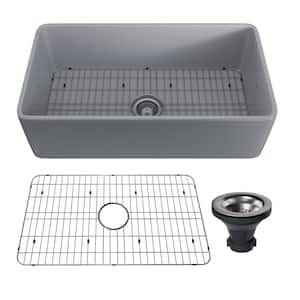 33 in. L Single Bowl Farmhouse Apron-Front Gray Fireclay Kitchen Sink With Bottom Grid and Strainer Drain