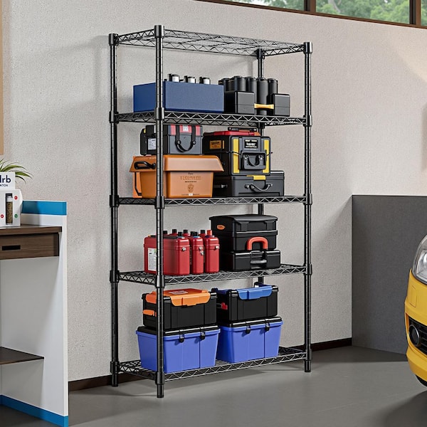 5-Tier Heavy Duty Pantry Organizers Steel Wire Storage Shelving,1250 lbs. 13.8 in. Dx23.6 in. Wx62.4 in. H in Black