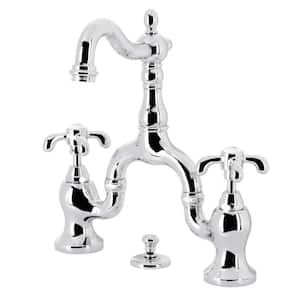 French Country 8 in. Widespread 2-Handle Bridge Bathroom Faucets with Brass Pop-Up in Polished Chrome