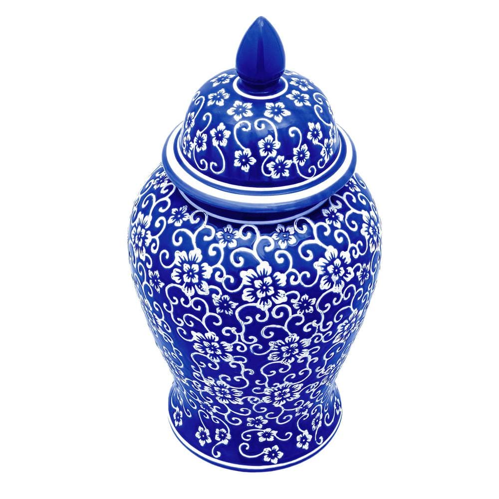 18-Inch Blue and White Floral Porcelain Temple Jar