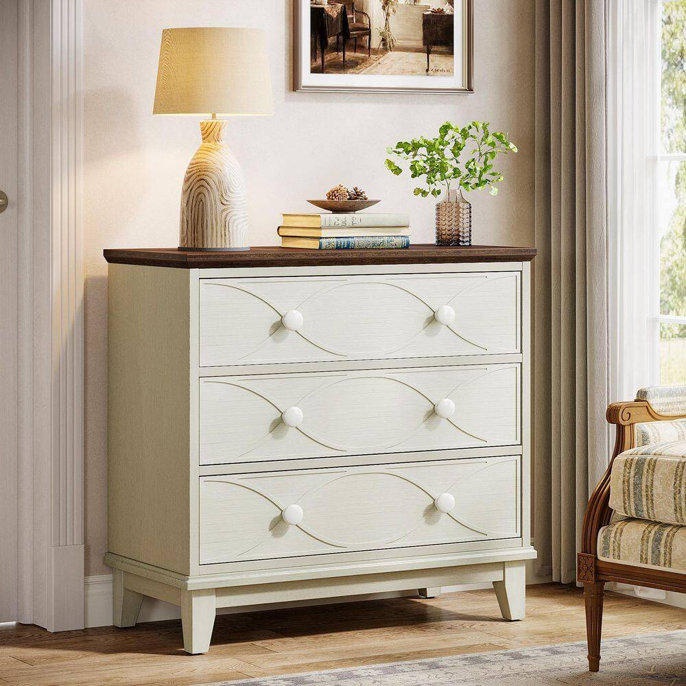 Distressed White and Brown 3-Drawer Farmhouse Nightstand