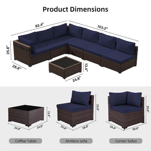 7-Piece Wicker Patio Conversation Seating Set with Navy Blue Cushions and Coffee Table