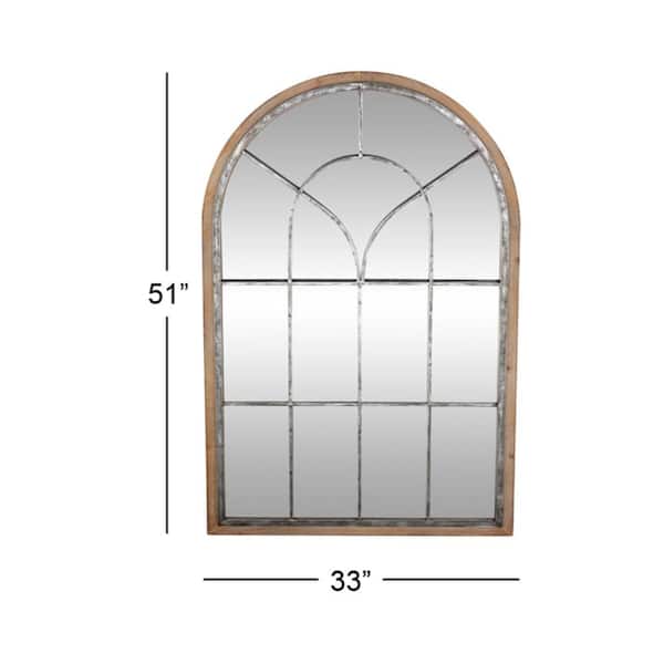 51 in. x 33 in. Window Pane Inspired Arched Framed Brown Wall Mirror with Arched Top