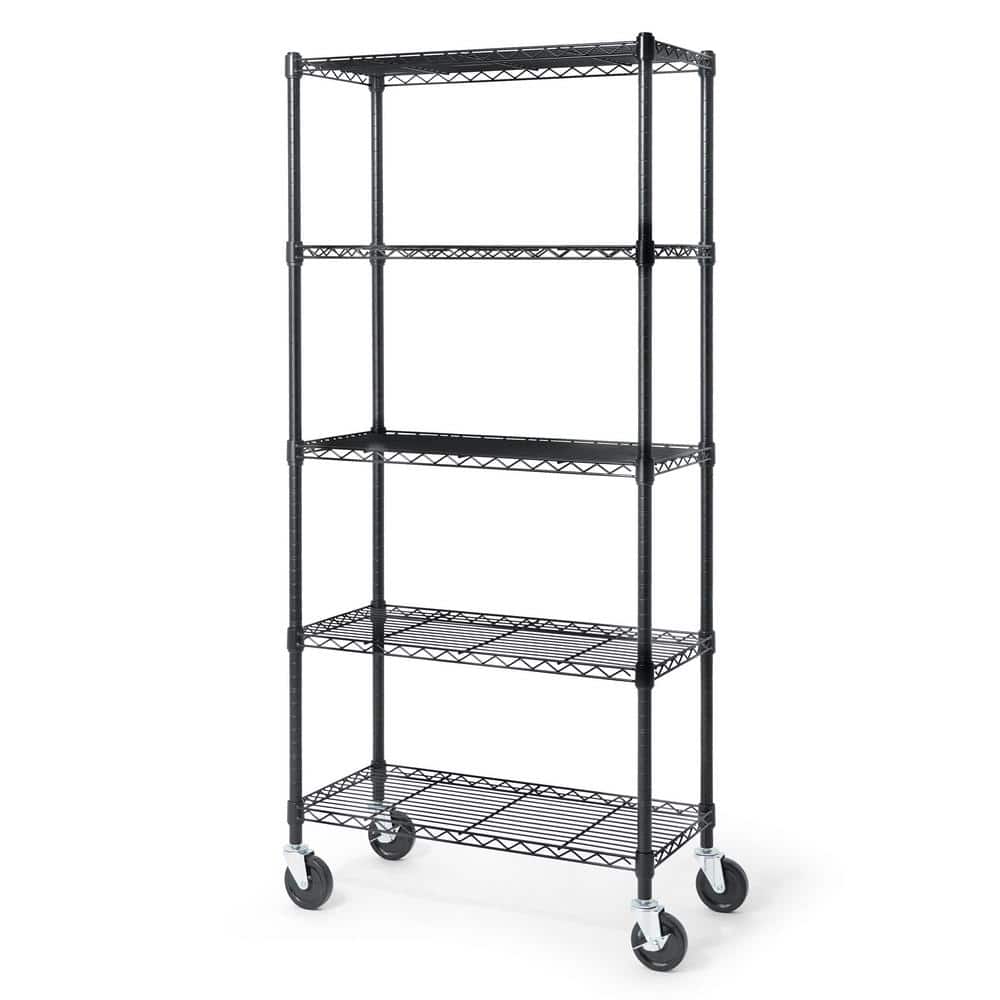 Black 5-Tier Adjustable Metal Wire Shelving Unit with Wheels