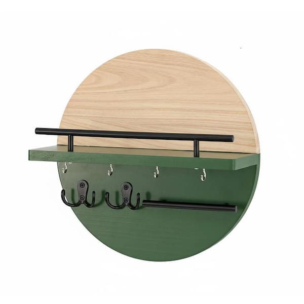 12.4 in. W x 4.8 in. D Light brown&Green Wood Decorative Wall Shelf Key Rack with Shelf and Hooks