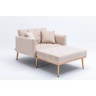 Modern Beige Velvet Chaise Tufted Lounge with 2-Pillows