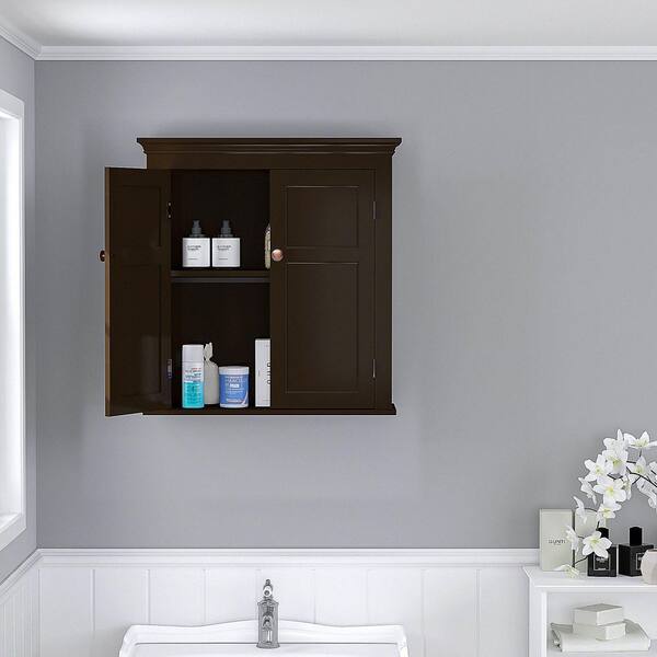 Dracelo 23.6 in. W x 8.9 in. D x 29.3 in. H Espresso Bathroom Over The Toilet Cabinet with Adjustable Shelves and Towels Bar, Brown