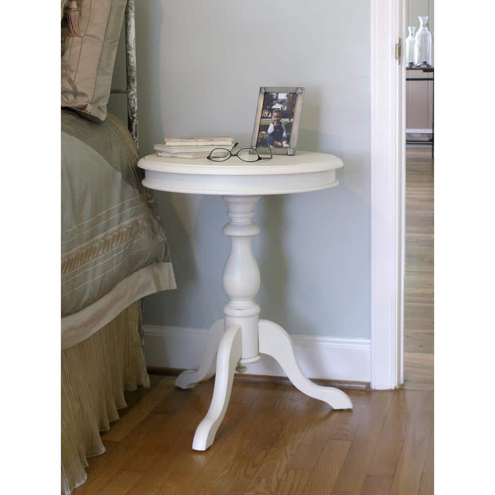 Antique Ivory Round Wood Side Table with Turned Pedestal