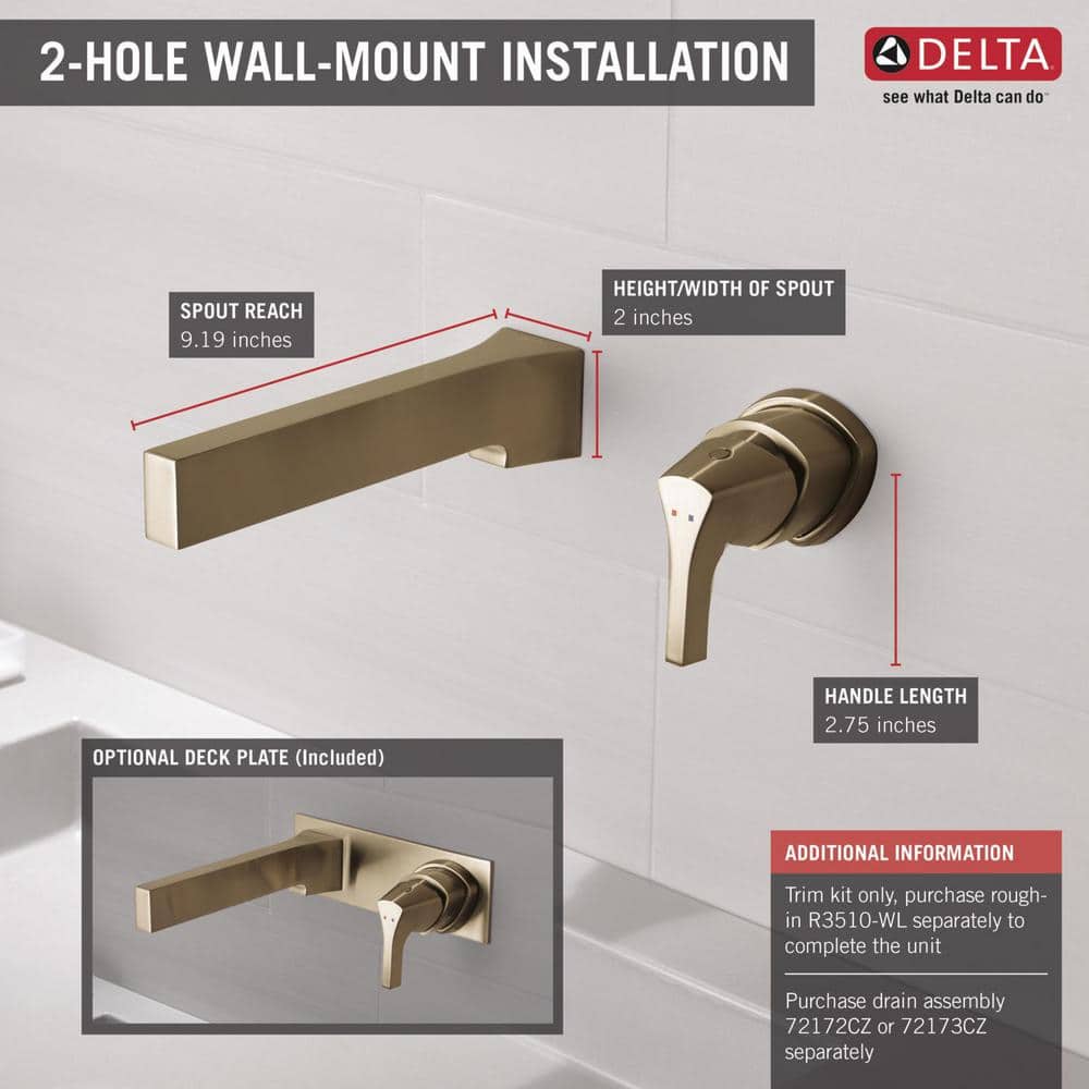 Zura Brushed Gold Wall-Mounted Lever Bathroom Faucet