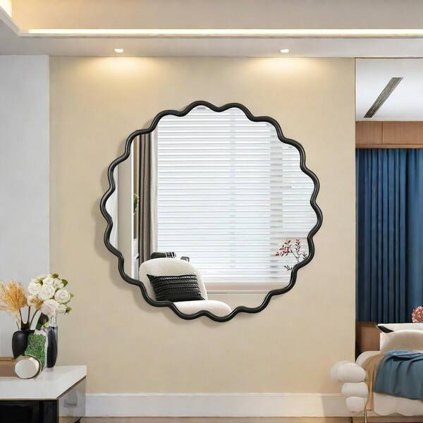 Tenleaf Black 42 in. W x 42 in. H Solid Wood Round Wavy Wall