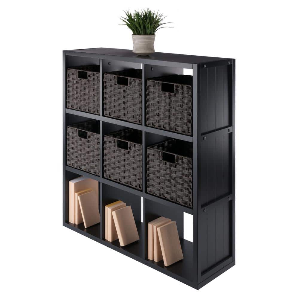 Modernistic Black 3x3 Storage Shelf with Foldable Chocolate Baskets