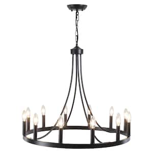 Loene 12-Light Black Farmhouse Candle Style Dimmable Wagon Wheel Chandelier for Living Room Kitchen Island Dining Foyer