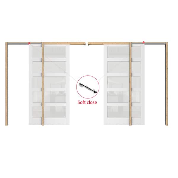 64 in. x 80 in. Double Door, White Primed Composite 5-Lite Frosted Glass Pocket Door with Soft Close, Frame and Hardware