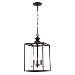 Amalia 3-Light Antique Black Glass and Metal Lantern Pendant Chandelier