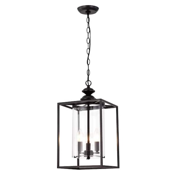 Jojospring Amalia 3-Light Antique Black Glass and Metal Lantern Pendant Chandelier