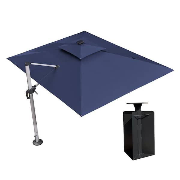 PURPLE LEAF 9 ft. x 12 ft. Aluminum Solar Powered LED Patio Cantilever Offset Umbrella with Base in Ground, Navy Blue