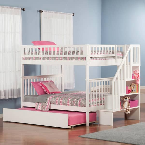 AFI Woodland Staircase Bunk Bed Full over Full with Full Size Urban Trundle Bed in White