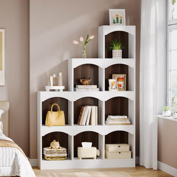BYBLIGHT 68.9 in. Tall White Engineered Wood 9-Shelf Cube Bookcase, L-Shaped 9-Cube Stepped Etagere Bookcase