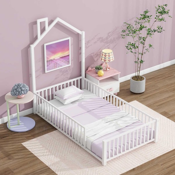 Polibi White Metal Frame Twin Size Platform Bed with Guardrail and Chimney