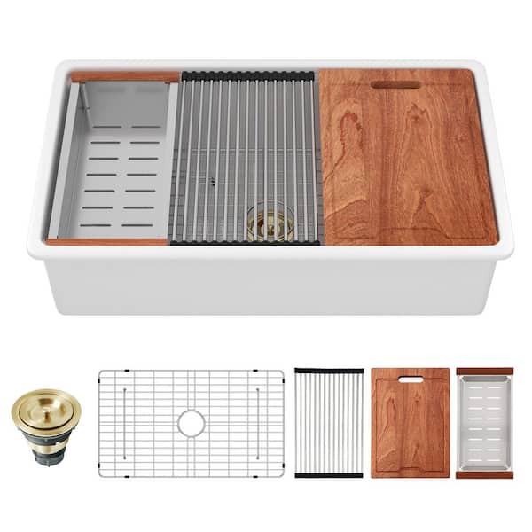 33 in. Undermount Single Bowl Glossy White Fireclay Workstation Kitchen Sink with 5-Tool Kit